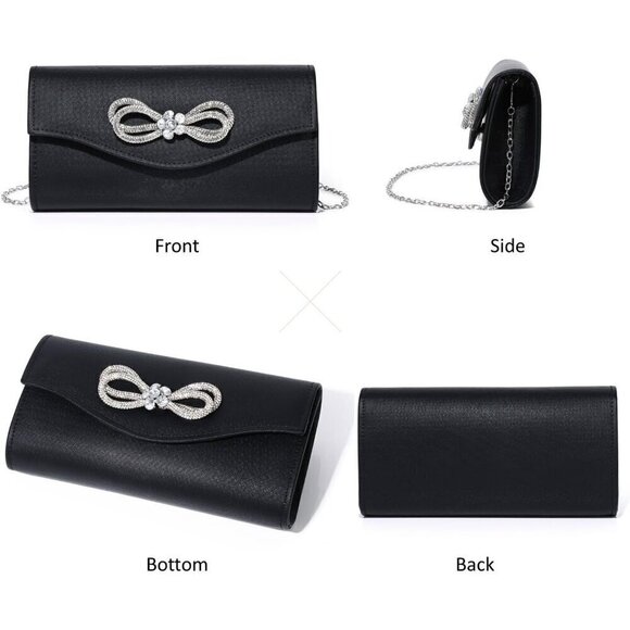 Women Black Shiny Crystal Bow Flap Clutch Wedding Party Handbag - Picture 2 of 9